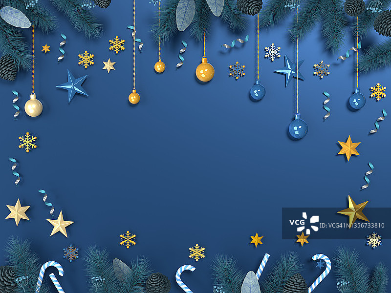 圣诞新年贺卡背景与装饰在蓝色的背景图片素材