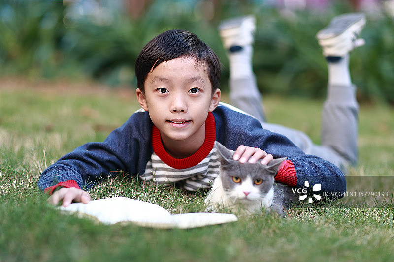一个男孩和他的猫一起看书图片素材