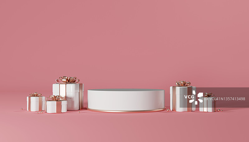 3d渲染礼品盒裙台底座上的粉红色背景为广告产品设计与文字的地方图片素材