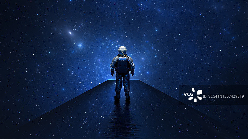 宇航员站在由反射的恒星组成的桥上，眺望着宇宙中数十亿的恒星和星系。发现新的世界。三维渲染图片素材
