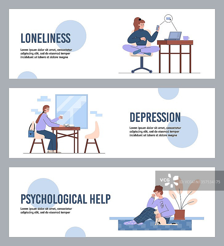 有心理健康问题的孤独抑郁女性，横条幅平面矢量插图。图片素材