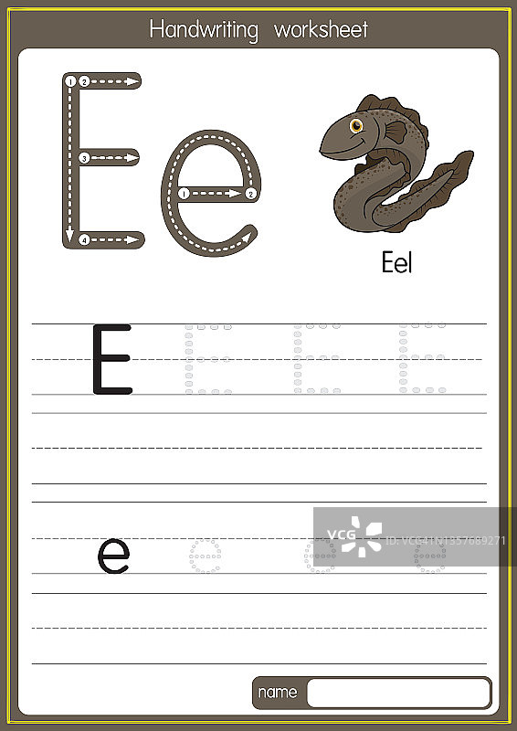 向量插图鳗鱼与字母E大写字母或大写字母的儿童学习练习ABC图片素材