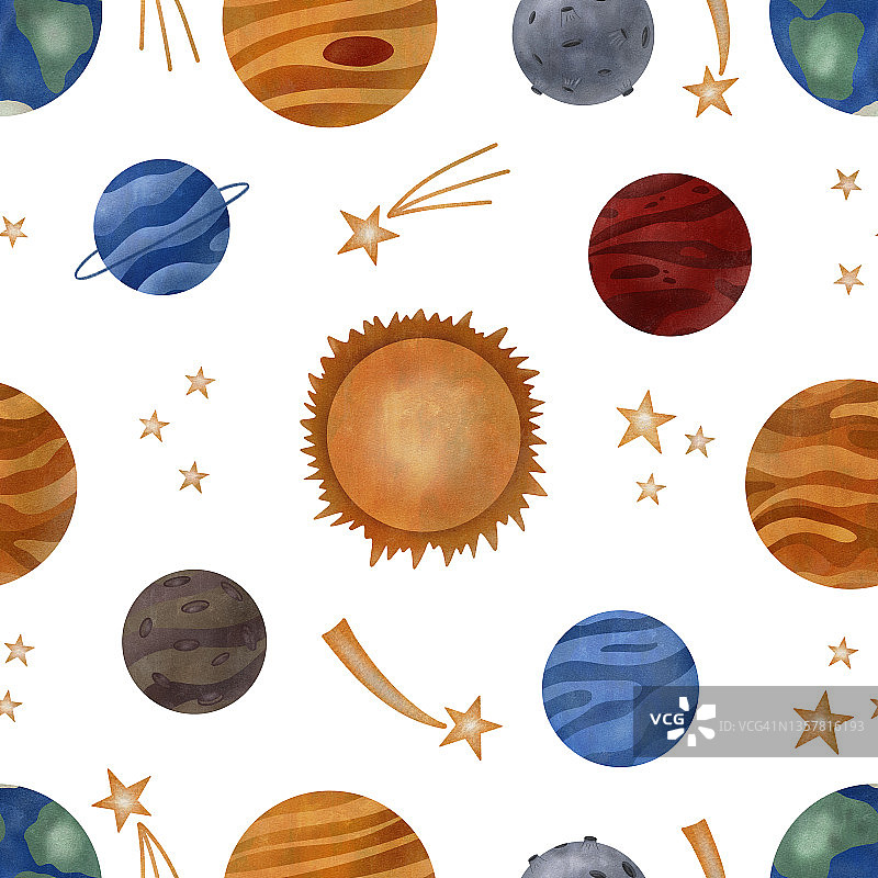 与太阳系行星的无缝模式。太阳，地球，水星，土星，木星，金星，火星，天王星，海王星和月亮为壁纸，孩子，纺织品设计。图片素材