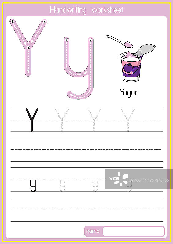 矢量插图酸奶与字母Y大写字母或大写字母的儿童学习练习ABC图片素材