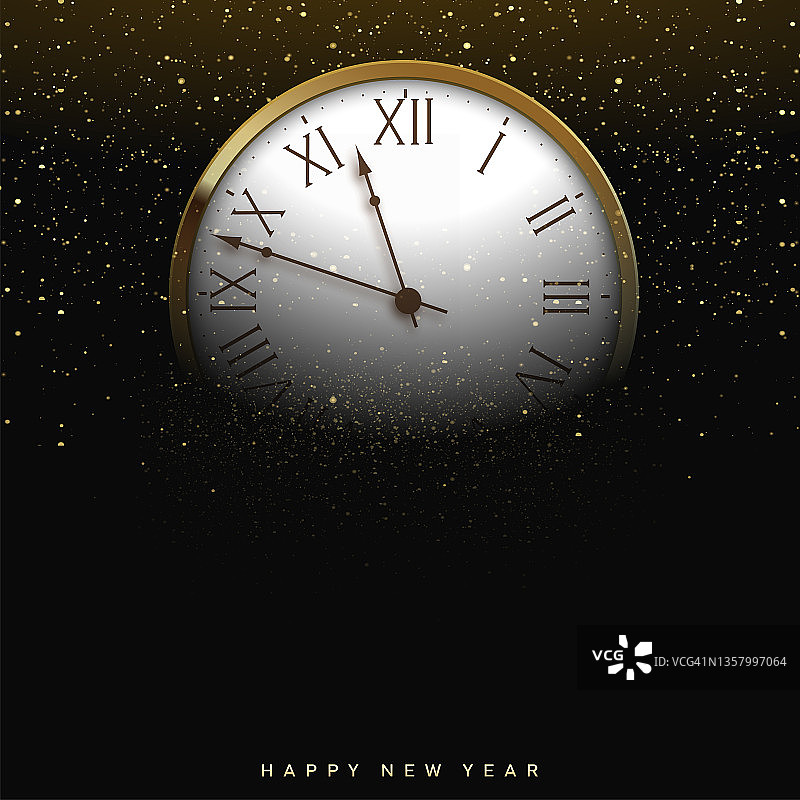 新年贺卡与闪亮的金表在黑色。向量。图片素材