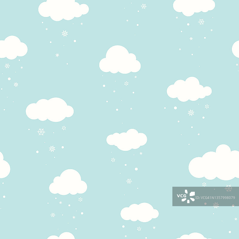 冬季天衣无缝的图案与白云和平坦的雪花和点在蓝天上。图片素材