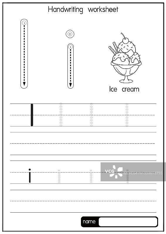 矢量说明冰淇淋与字母I大写字母或大写字母的儿童学习练习ABC图片素材