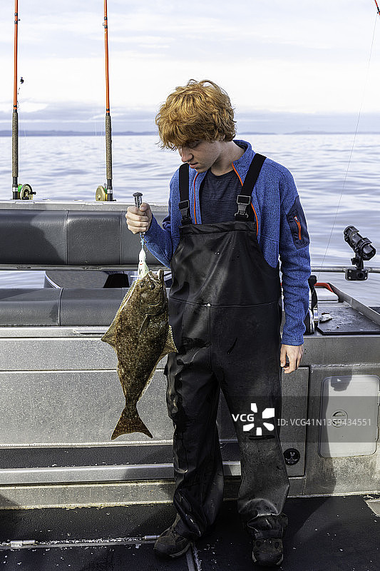 年轻的渔夫好奇地审视着他刚刚捕获的大比目鱼。海达瓜伊(夏洛特女王群岛)，格雷厄姆岛，不列颠哥伦比亚省，加拿大。图片素材
