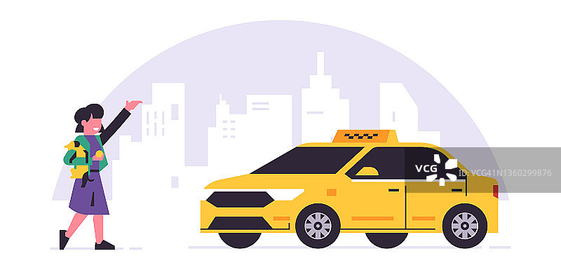 网上出租车订购服务。黄色出租车司机和乘客。带着狗的女孩，城市，出租车。矢量插图孤立的背景。图片素材