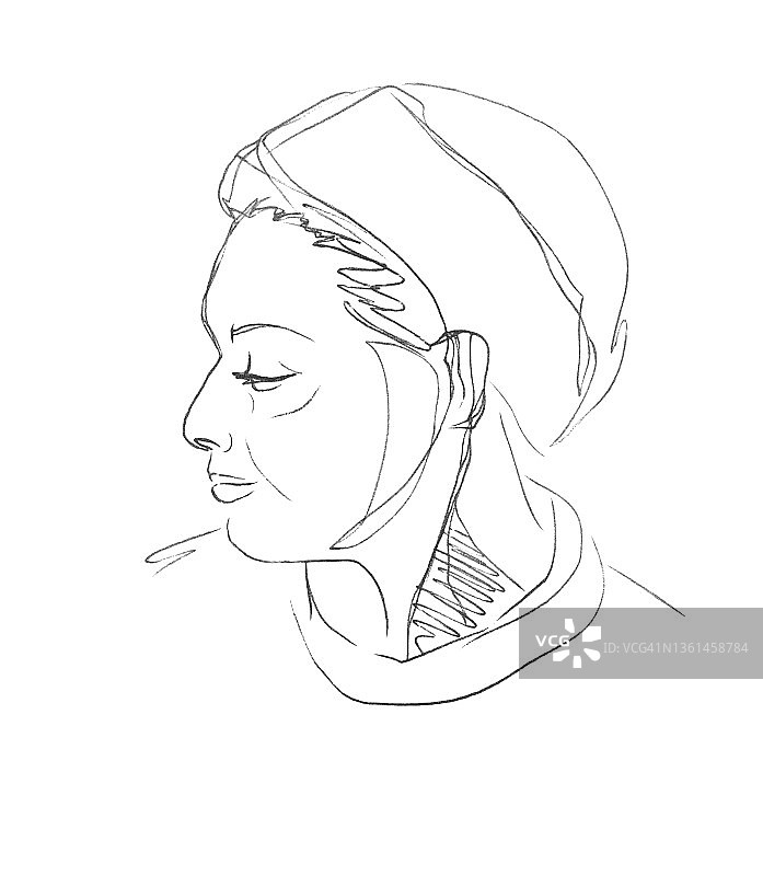 矢量线素描半转的脸从中东的一个成年妇女与头巾在她的头。用钢笔在白纸上画肖像。直线写意铅笔画。图片素材