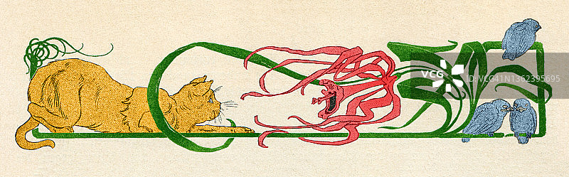 新艺术设计元素的装饰猫追鸟后面的花画1898图片素材