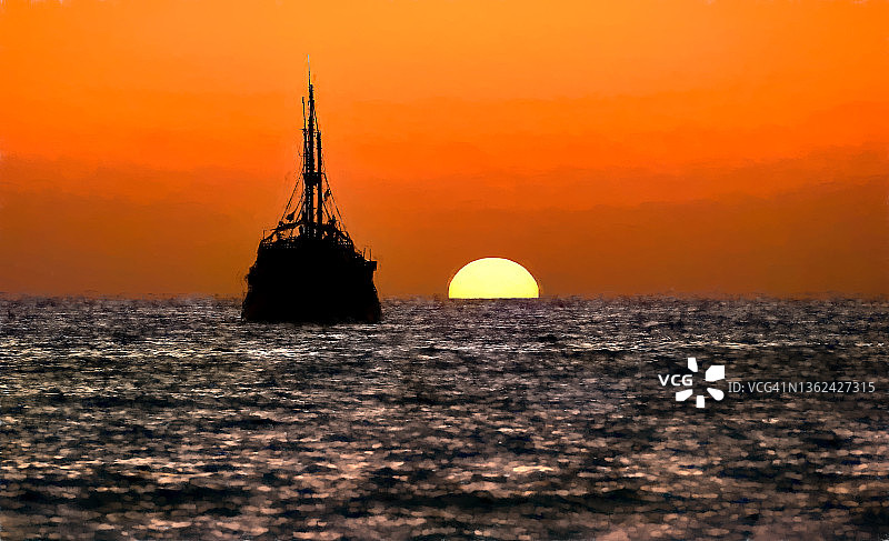 海盗船海洋日落剪影插图图片素材
