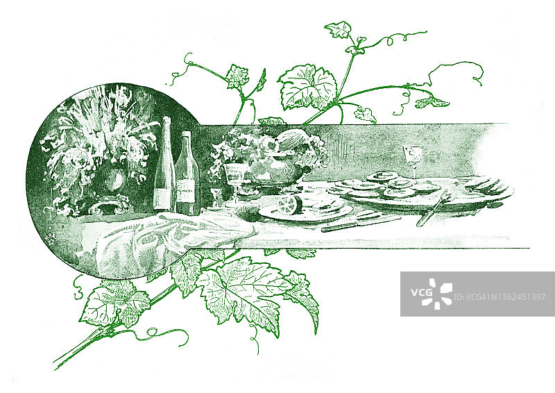 1898年的新艺术设计元素装饰葡萄酒、葡萄、叶子和酒瓶图片素材