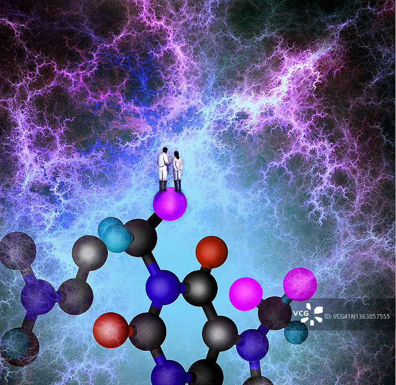 两个科学家站在一个分子上，描绘了科学的进步、研究和进步图片素材