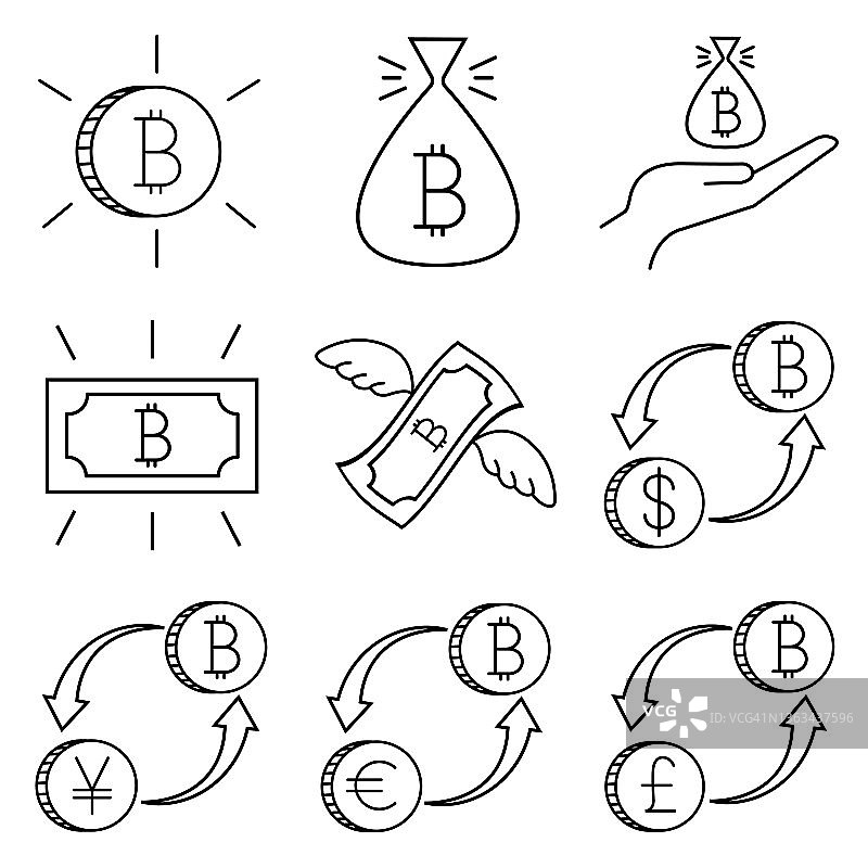 比特币相关矢量线图标的简单图标集。包含诸如采矿，交换，支付，硬币等图标图片素材