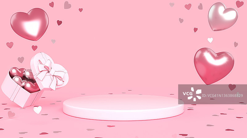 现代，时尚的粉红色和玫瑰金讲台，礼盒和心。情人节。空空间背景- 3D插图图片素材