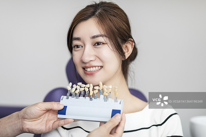 亚洲年轻有吸引力的女人在牙医的肖像。图片素材
