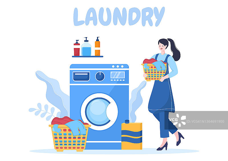 洗衣与洗衣机和干燥机在平坦的背景插图。脏布躺在篮子里，妇女们正在为横幅或海报洗衣服图片素材