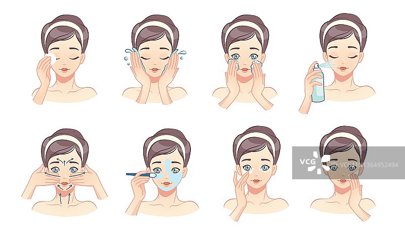 面部皮肤护理。卡通年轻女子用水和洗面奶清洗她的脸。向量摇摆的过程图片素材