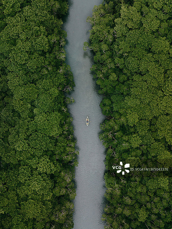 鸟瞰红树林河与独木舟，冲绳，日本图片素材