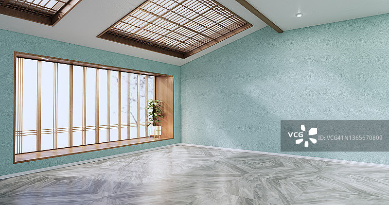 空房间-干净的房间，极简的室内设计，薄荷墙在花岗岩瓷砖地板。三维渲染图片素材