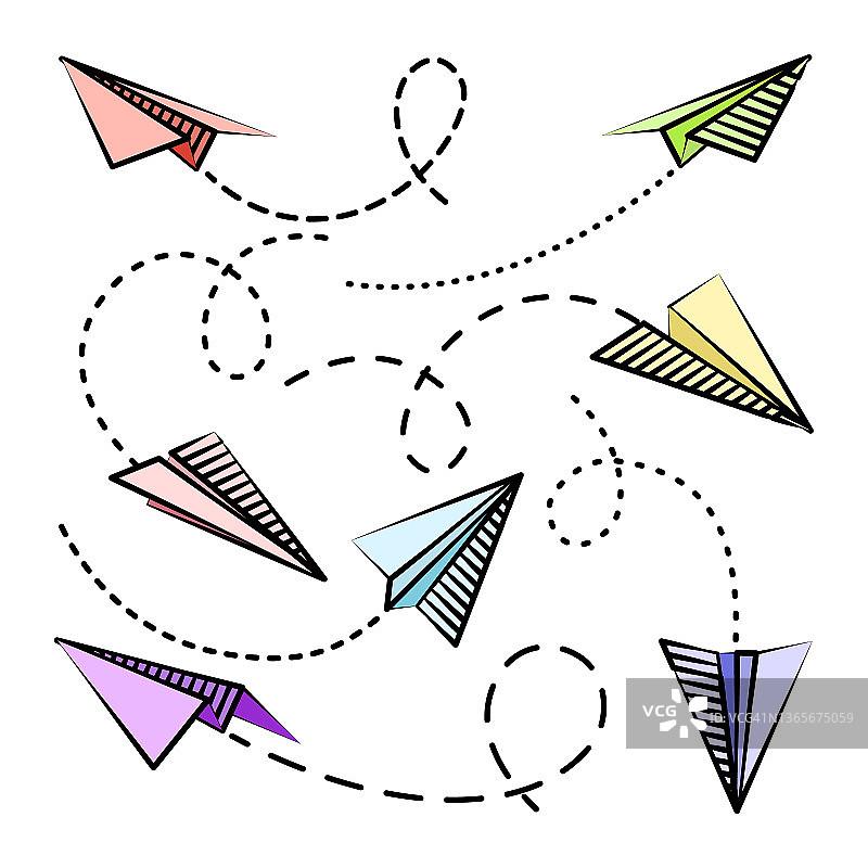 各种手绘纸飞机。彩色的飞机和虚线航线。飞机图标，简单的飞机轮廓。轮廓,线条艺术。矢量图图片素材