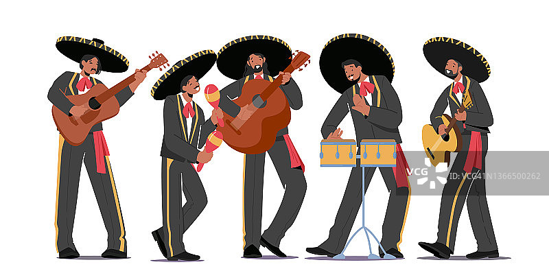 墨西哥流浪乐队嘉年华演出。角色扮演吉他，鼓和沙球乐器图片素材