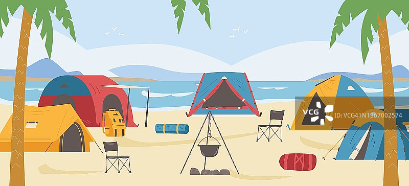 夏季旅游露营或在海滨的营地，平坦的矢量插图。图片素材