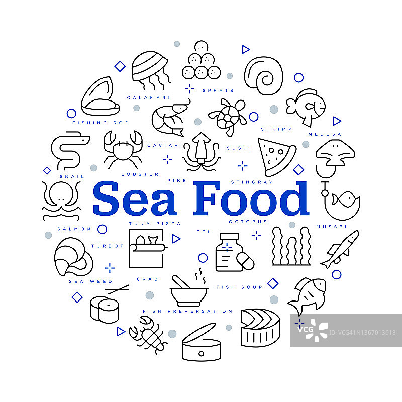 海洋食品的概念。矢量设计与图标和关键字。图片素材