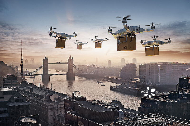 未来派无人机在英国伦敦运送包裹图片素材