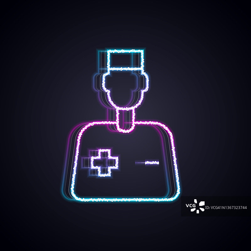 发光霓虹灯线男性医生图标孤立在黑色背景。向量图片素材