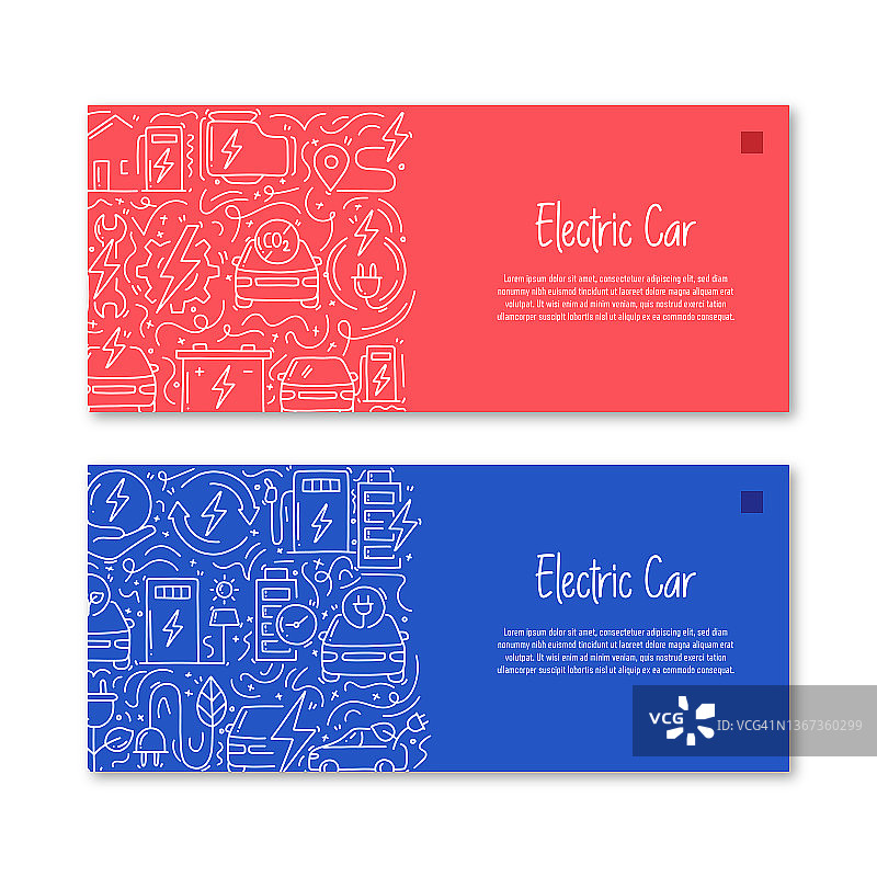 电动汽车相关的对象和元素。手绘矢量涂鸦插图集合。横幅模板与不同的电动汽车对象图片素材
