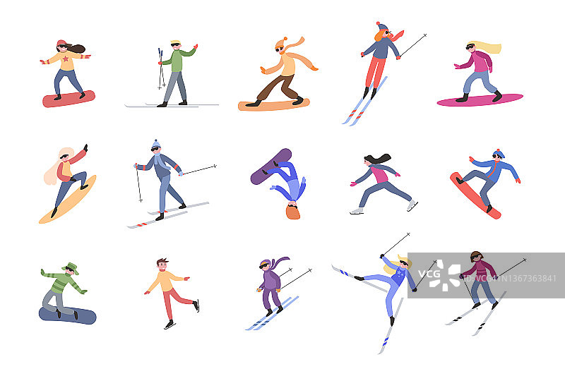 人们滑雪、滑冰、滑板卡通插图集图片素材