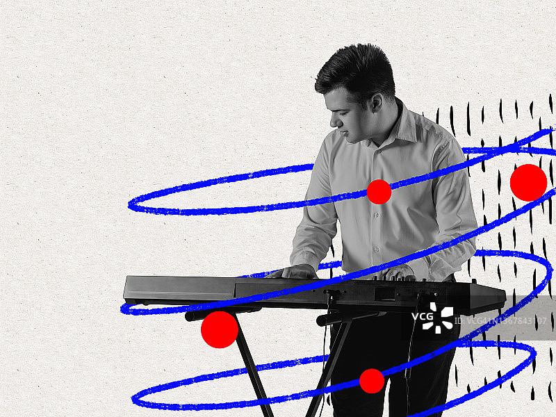 创意设计。当代艺术拼贴画的年轻人弹钢琴孤立在白色，蓝色的背景。摩天观景轮图片素材