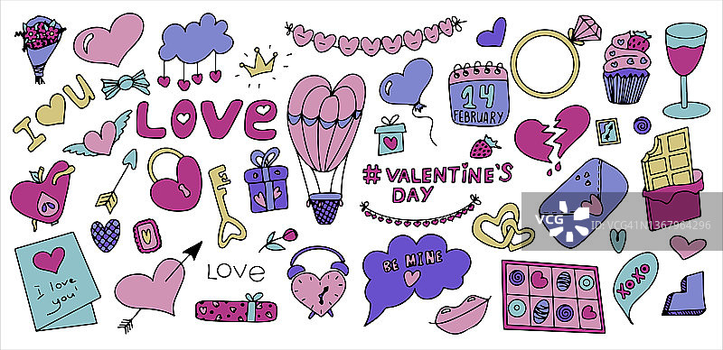 大涂鸦一组图标为情人节。矢量彩色插图的节日在2月14日。手绘浪漫，婚礼，约会，邀请，贺卡，爱情集。横幅、销售、应用程序或广告的图标图片素材