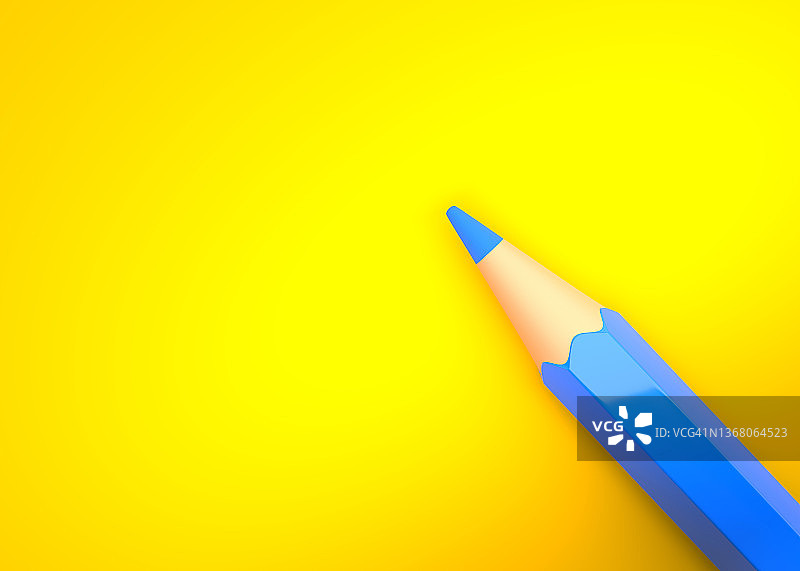 极简主义模板与复制空间由顶视图近距离微距照片的蓝色铅笔孤立在亮黄色的纸图片素材