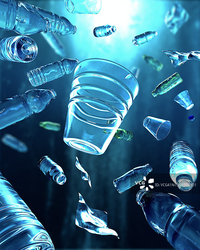 塑料瓶和塑料件漂浮在海洋的水下，污染海洋- 3d插图图片素材