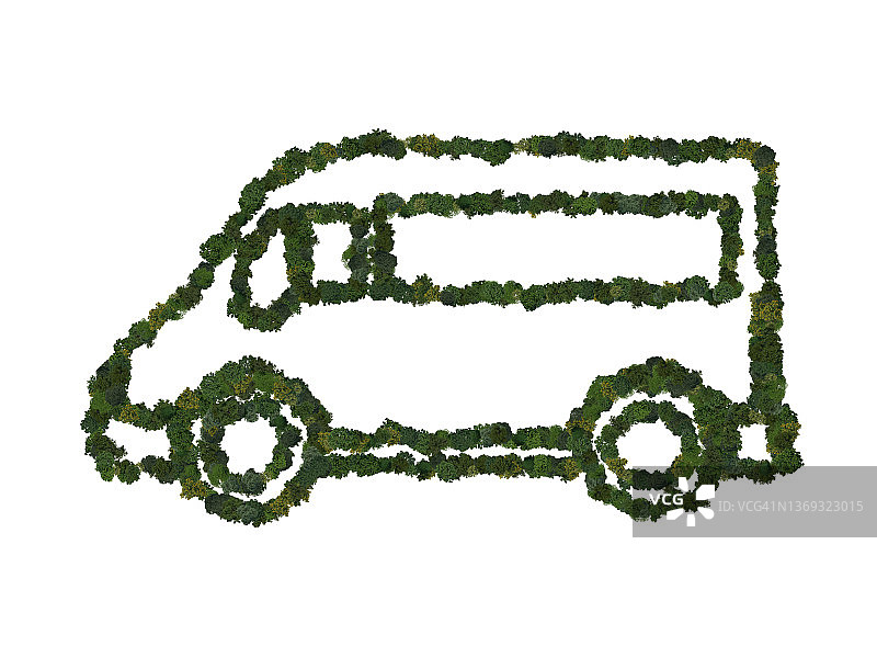 由树的顶视图组成的厢式货车符号。绿色环保汽车标志。电动汽车或低碳足迹。图片素材