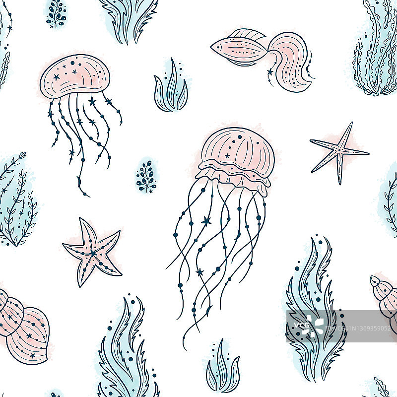 海蜇、贝壳、海草、鱼类、海星的无缝图案。白色背景上的海洋生物。用于印刷、织物、纺织、制造、壁纸。海底图片素材