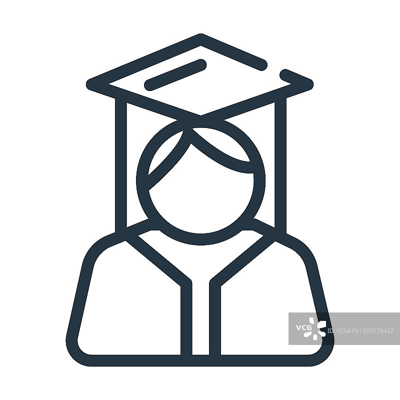 毕业女性细线图标。女人，帽子的线性图标从人们概念孤立的轮廓符号。矢量插图符号元素的网页设计和应用程序。图片素材