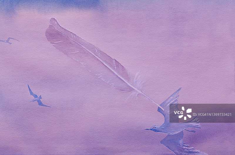 水彩插图画水平风景自由的鸟海鸥天空大海和明亮的鸟羽毛在背景上蔓延滴粉红色的颜料和水图片素材
