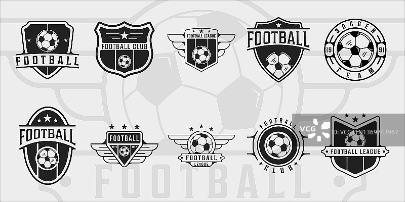 一套足球或足球符号复古矢量符号插图模板图标图形设计。与复古徽章和版式的各种体育俱乐部标志或符号的捆绑收集图片素材