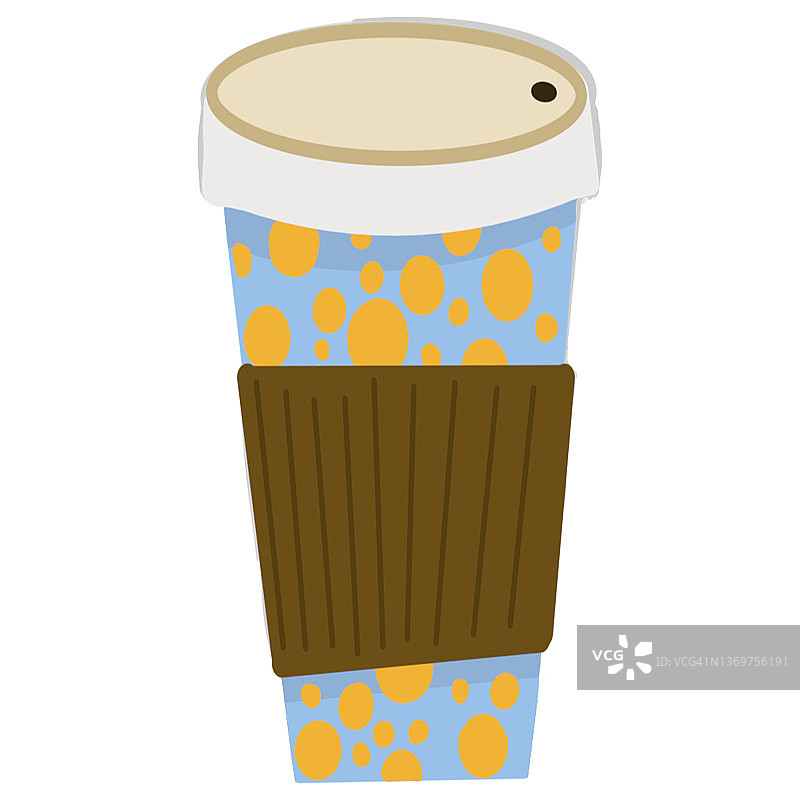 一次性咖啡杯，蓝色和黄色的杯子和纸板支架图片素材