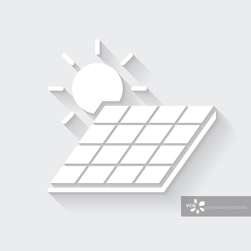 太阳能电池板与太阳。图标与空白背景上的长阴影-平面设计图片素材