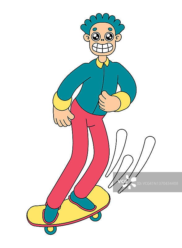 一个卡通人物在滑板上的孤立图像。积极的卡通溜冰者在一个白色的背景。矢量插图。图片素材