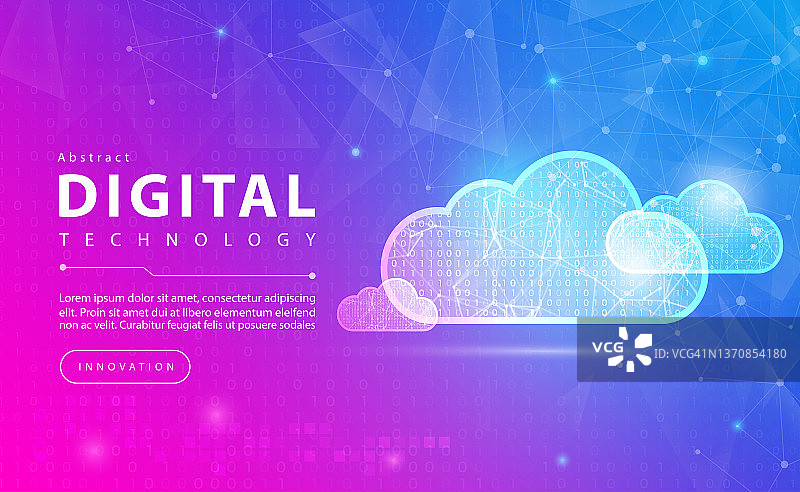 数字技术和云计算旗帜粉蓝色背景概念与技术线光效果，抽象技术，大数据中心，云存储，插图矢量图形设计图片素材