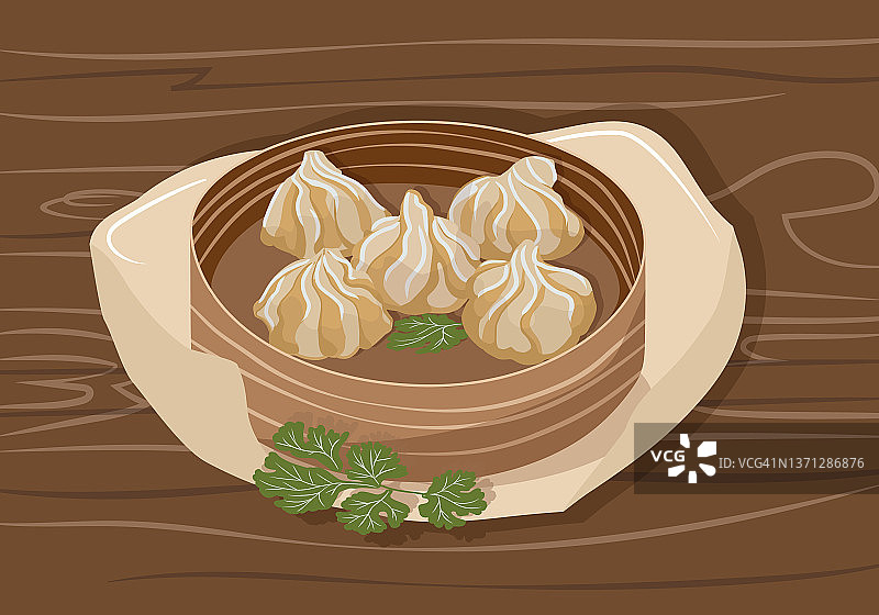 馄饨装在山毛榉盘子里放在木桌上。传统的中国食物。矢量图图片素材