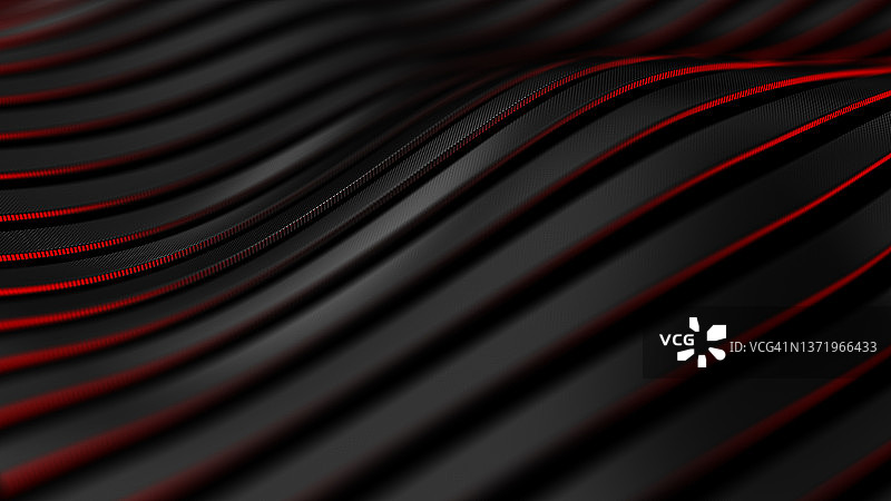 黑色碳纤维运动背景。技术波浪线与红色发光灯光3d插图。图片素材