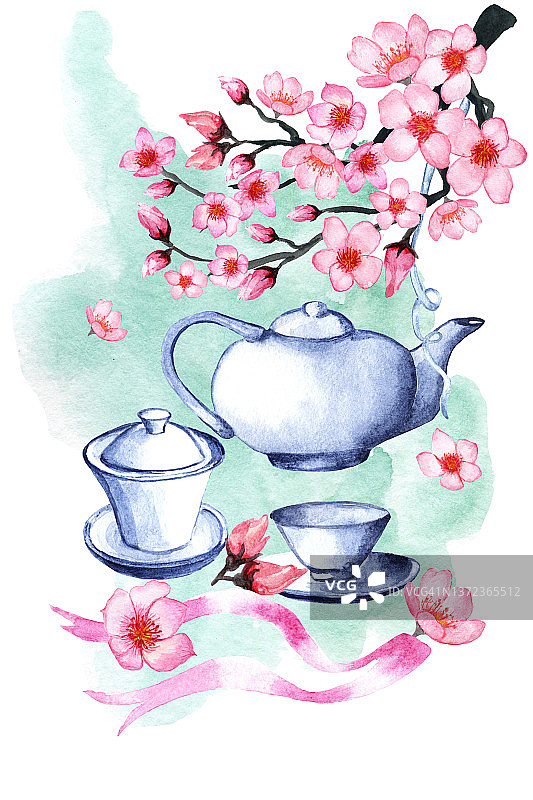 日本的茶壶。瓷套水彩画。图片素材