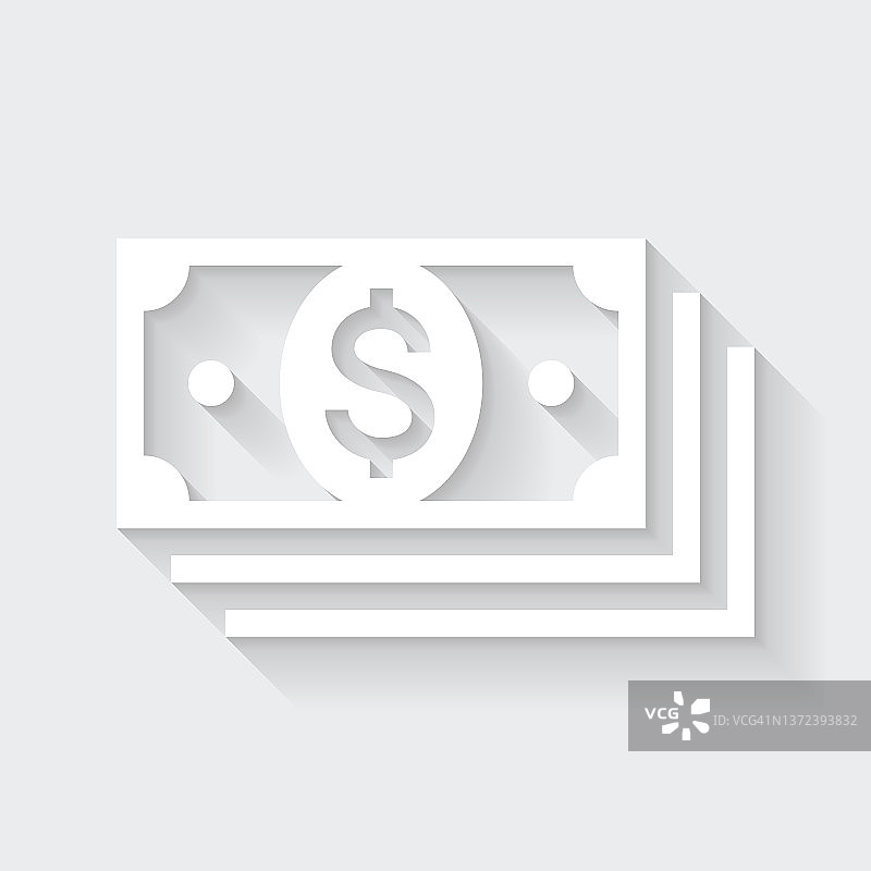 美元纸币。图标与空白背景上的长阴影-平面设计图片素材